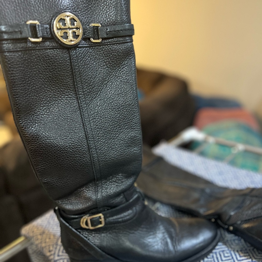 Tory Burch Calista Tall Leather Riding Boots Black Knee High - Picture 5 of 6